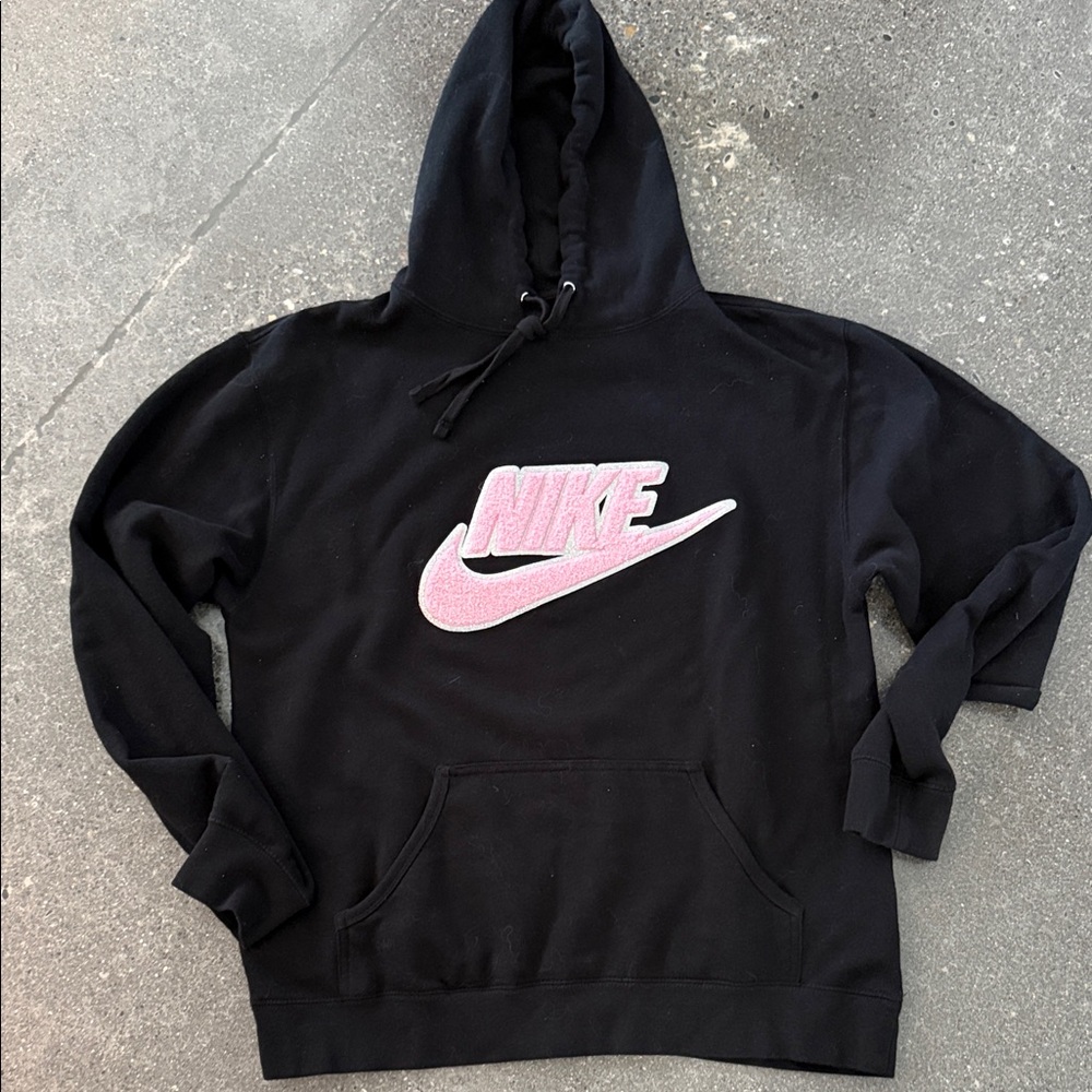 Hand Crafted Nike Patch Black Hoodie with Pink Logo